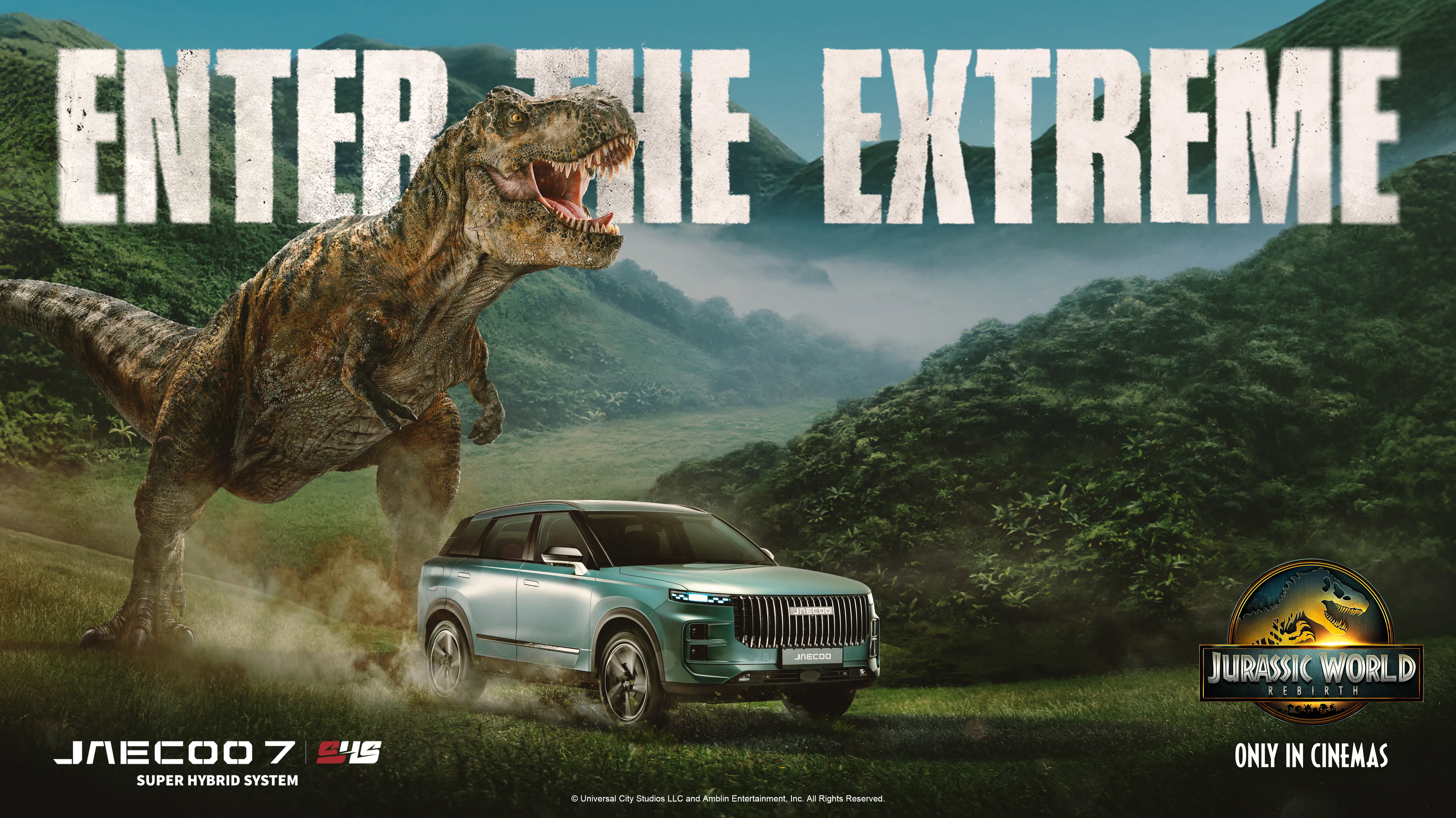 JAECOO vehicle featured alongside dinosaurs from Jurassic World Rebirth